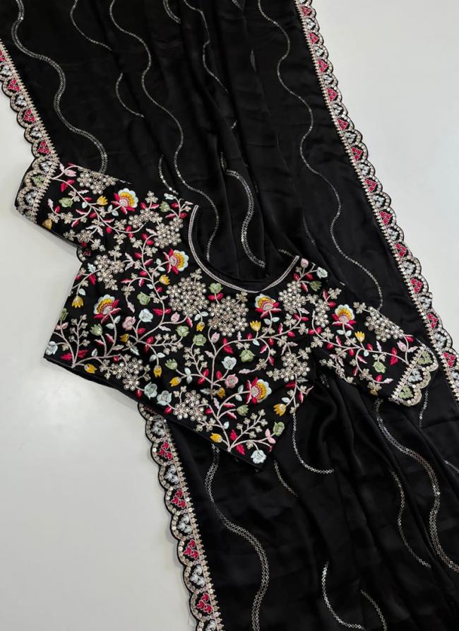 Chiffon Silk Black Party Wear Embroidery Work Saree